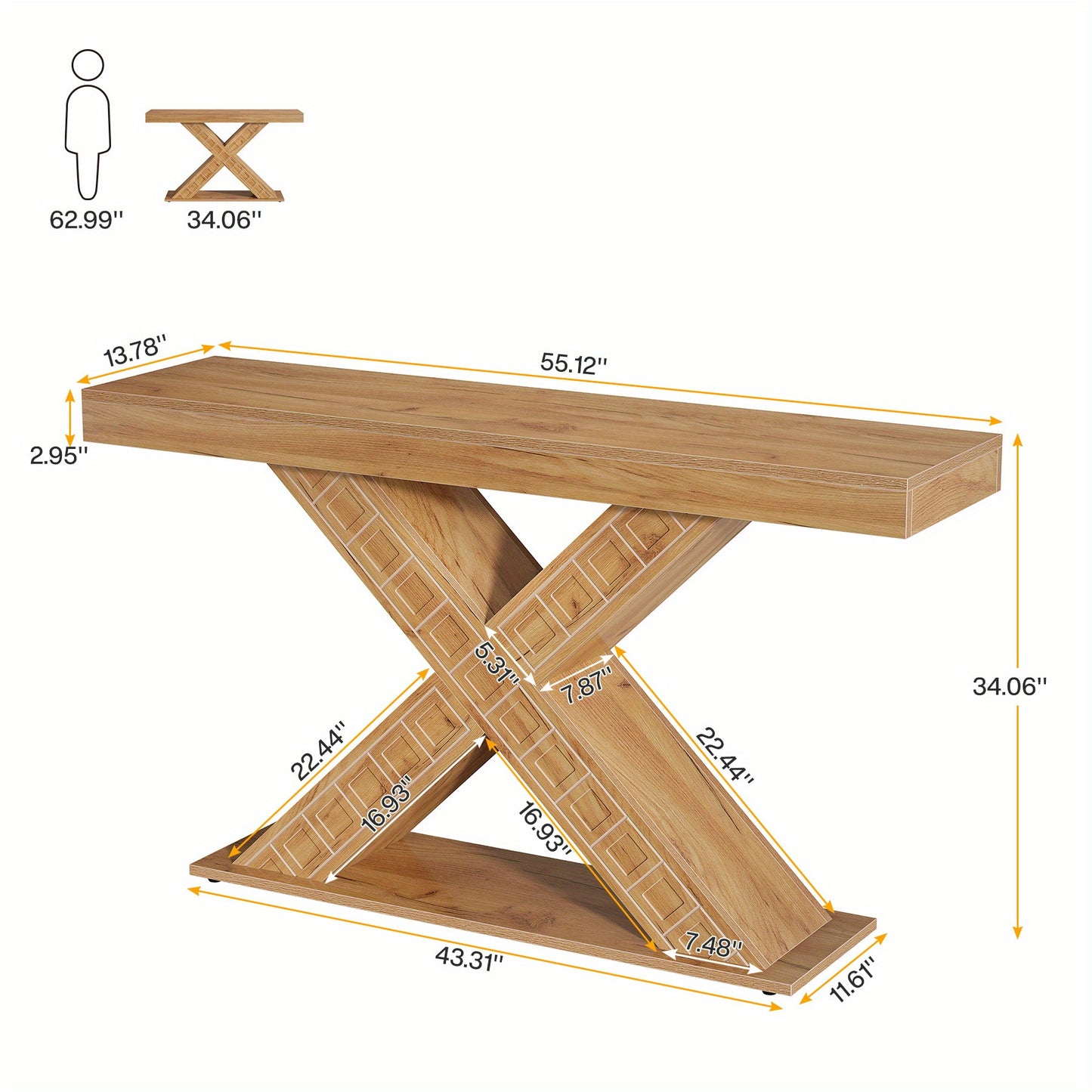 55 Inch Sidetable – Console Tafel – Halmeubel – Foyertafel – Smalle Tafel – X-Vormige Houten Basis – Robuust 2,95 Inch Dikte – 200 Kg Draagkracht