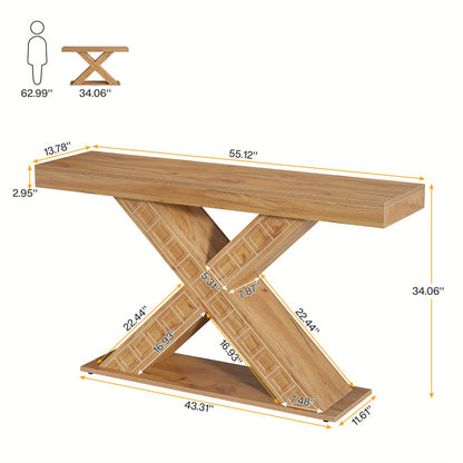 55 Inch Sidetable – Console Tafel – Halmeubel – Foyertafel – Smalle Tafel – X-Vormige Houten Basis – Robuust 2,95 Inch Dikte – 200 Kg Draagkracht