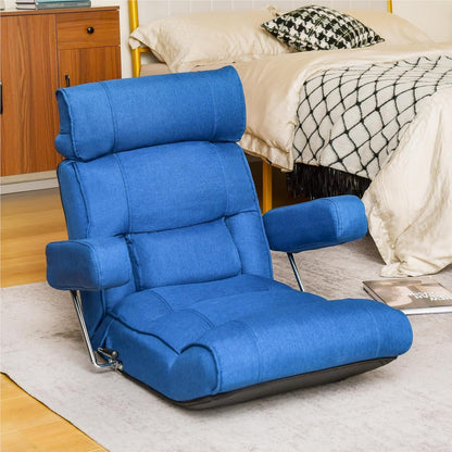 Vloerstoel – Zitzak – Meditatiestoel – Gamingstoel – Relaxfauteuil – Verstelbare Rugleuning 90-180° – Inklapbare Armleuningen – Blauw