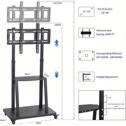 Mobile TV Stand on Wheels: Heavy Duty TV Trolley for 32-80 inch LCD LED OLED Flat TVs Rolling TV Floor Stand with 2 Tier Metal Shelf Height Adjustable Holds up to 65kg Max VESA 600x400mm