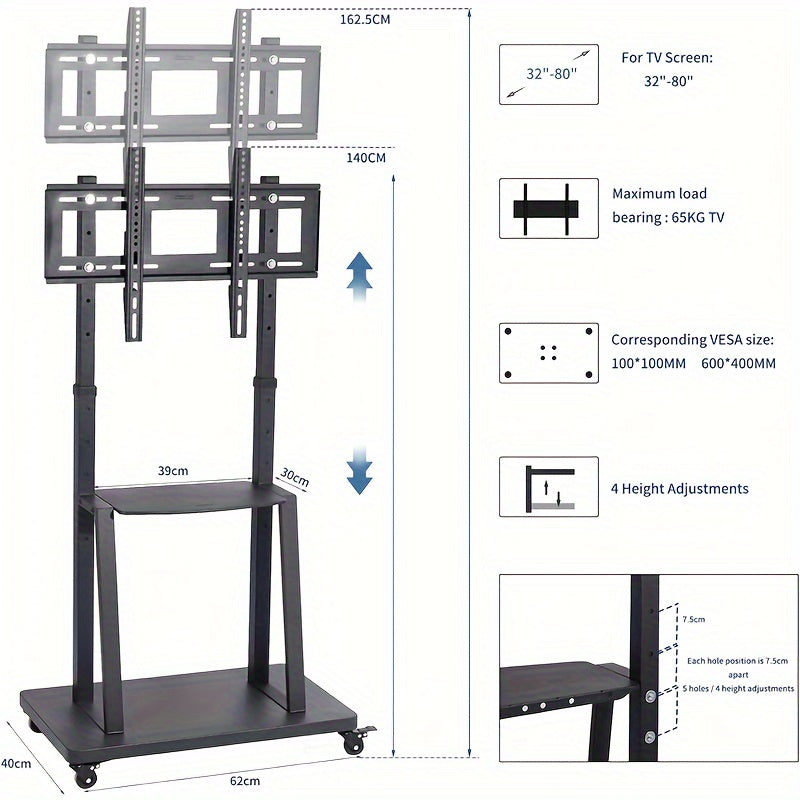 TV Meubel Mobiel – TV standaard – TV trolley – verrijdbare TV-stand – Mobiele TV-houder – Verstelbare Hoogte 32-80 Inch – Draagkracht 65 kg Met Metalen Planken