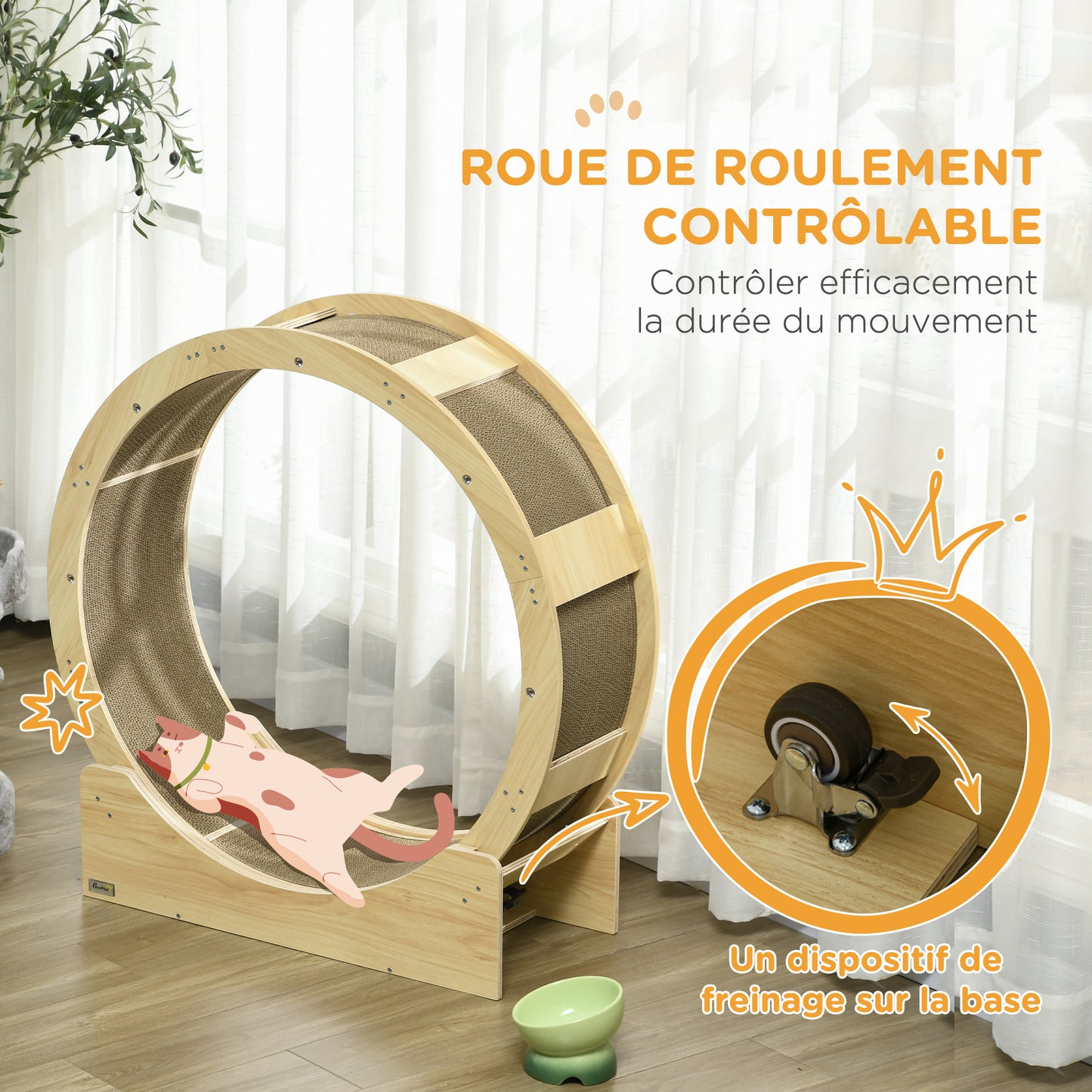 Kattenloopwiel – Kattenrad – Kattenrader – Kattenwiel – Kattenfitness – Natuurlijk houten ontwerp – Ingebouwde veiligheidsrem en krabmat