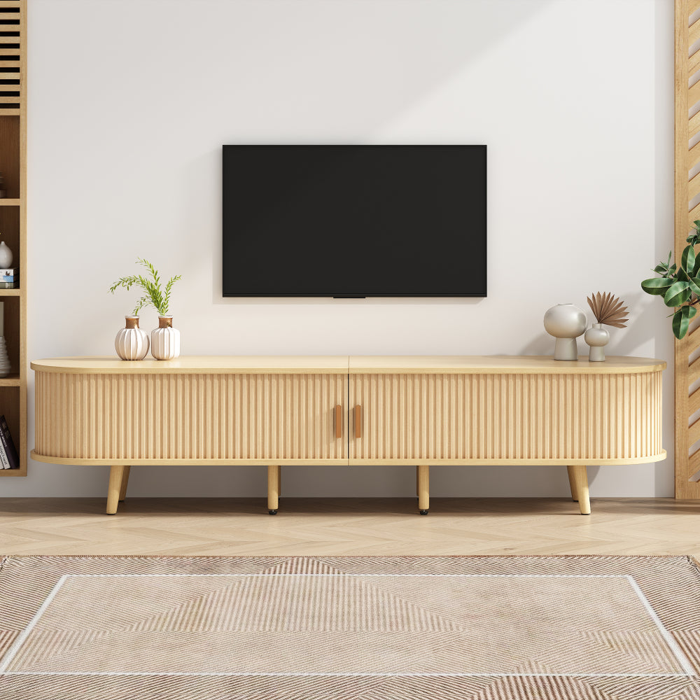 Living room television cabinet featuring a circular tabletop design with two drawers, each capable of bearing up to 30 kilograms. Minimalist contemporary style. Dimensions: 175 x 40 x 42 centimetres.,  Media Console, Sleek St