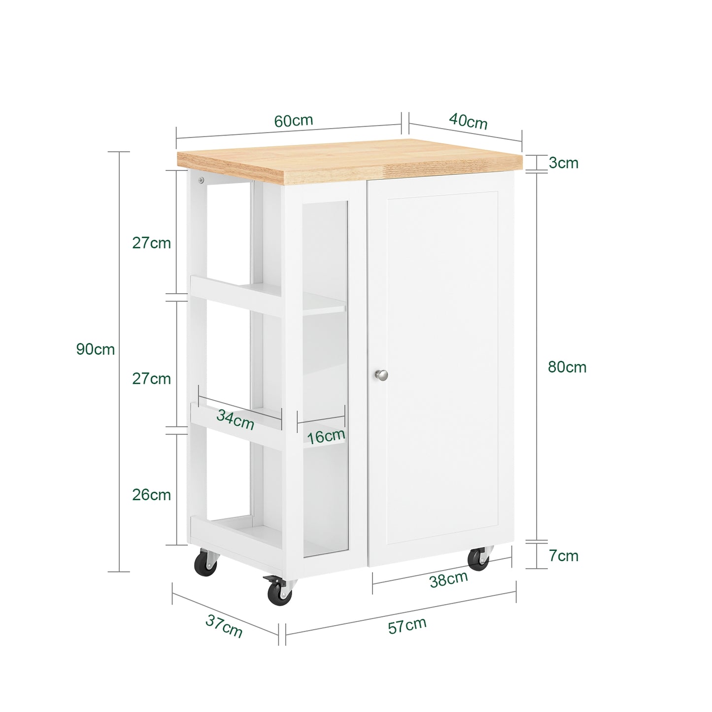 Keukenwagen – Serveerwagen – Opbergwagen – Keukentrolley – Dessertewagen – MDF en Glas – Verstelbare Planken – Mobiel met Wieltjes – Compact 60x90x40 cm