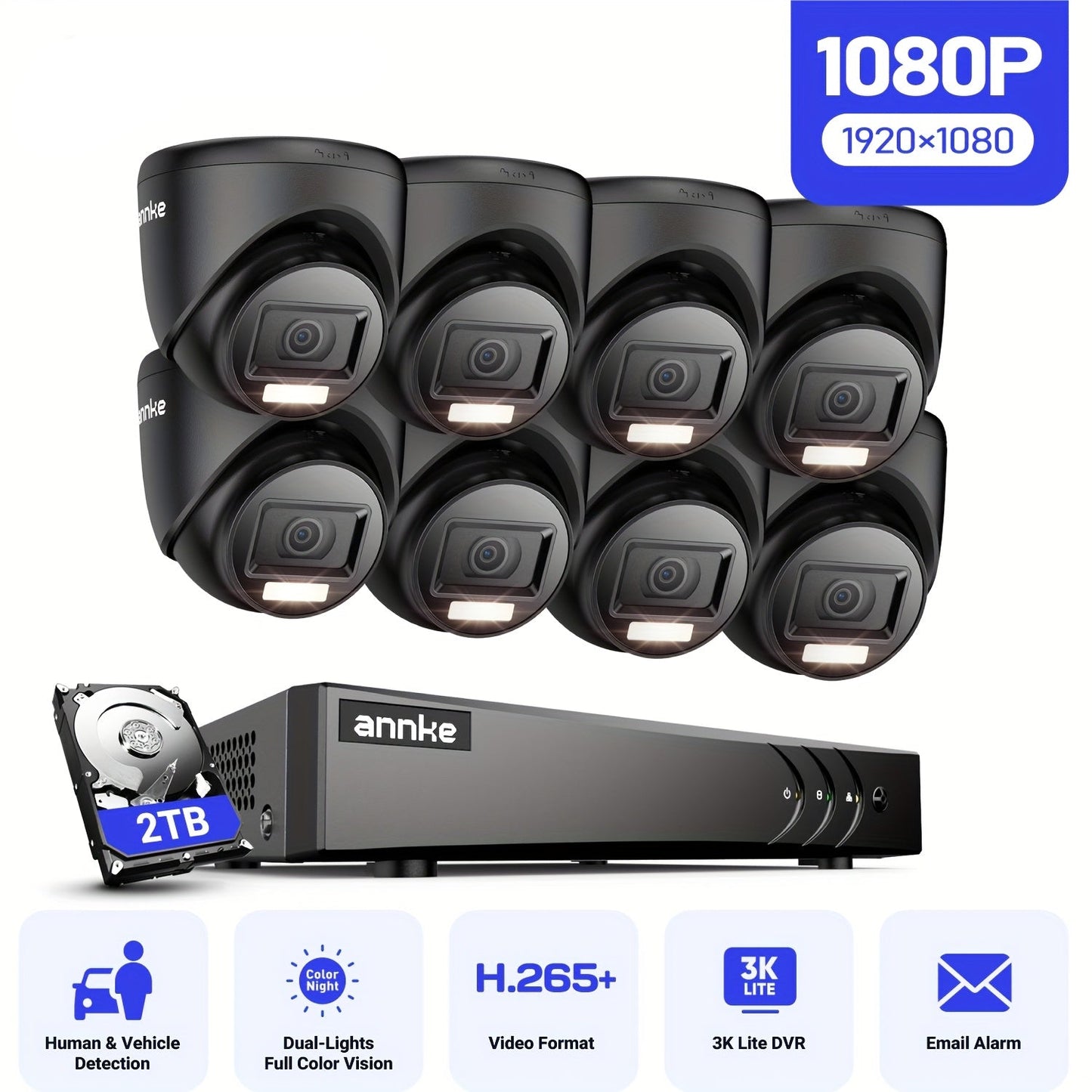Beveiligingscamera – Camerabewaking – Inbraakbeveiliging – Bewakingscamera – CCTV Camera – 8 Kanaals Wired Systeem – Mens- & Voertuigherkenning – 30 Meter Nachtzicht