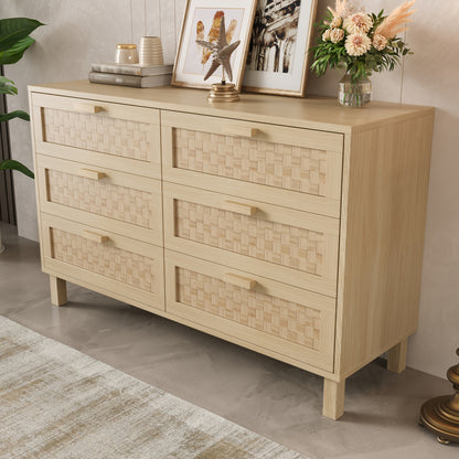 Ladekast – Ladenkast – Commode – Opbergkast – Kast – Bamboe met rieten frontjes – 6 lades, 3,2 kubieke voet opbergruimte – 69 cm hoog, eenvoudig te monteren