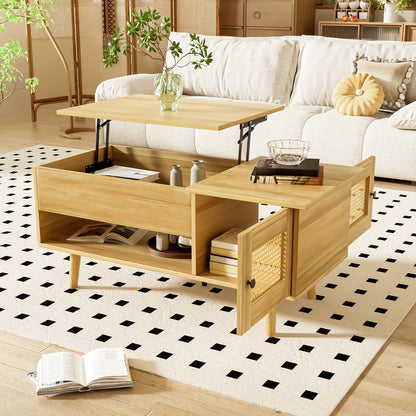 Modern Space-Saving Wooden Coffee Table with Adjustable Tabletop & Rattan Door Storage - Black Accent Legs, Engineered Wood & Hardwood Frame, Easy Assembly Living Room Furniture, Coffee Table for Living Room