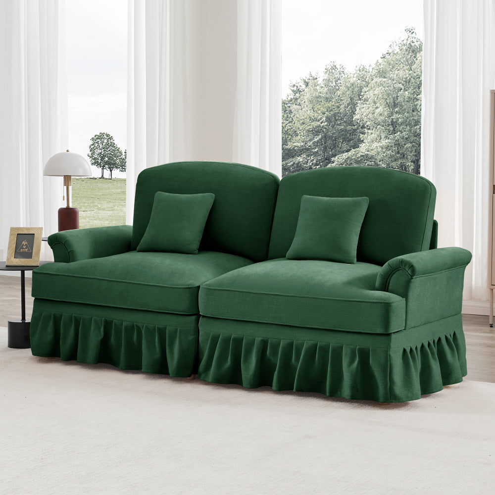2-zitsbank – zitbank – bankstel – loveseat – tweezits sofa – groene chenille stof – flared armleuningen – afneembare sierrand – modern compact design – comfortabele en duurzame afwerking
