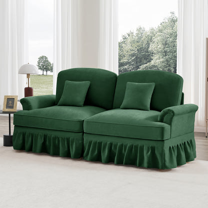 2-zitsbank – zitbank – bankstel – loveseat – tweezits sofa – groene chenille stof – flared armleuningen – afneembare sierrand – modern compact design – comfortabele en duurzame afwerking