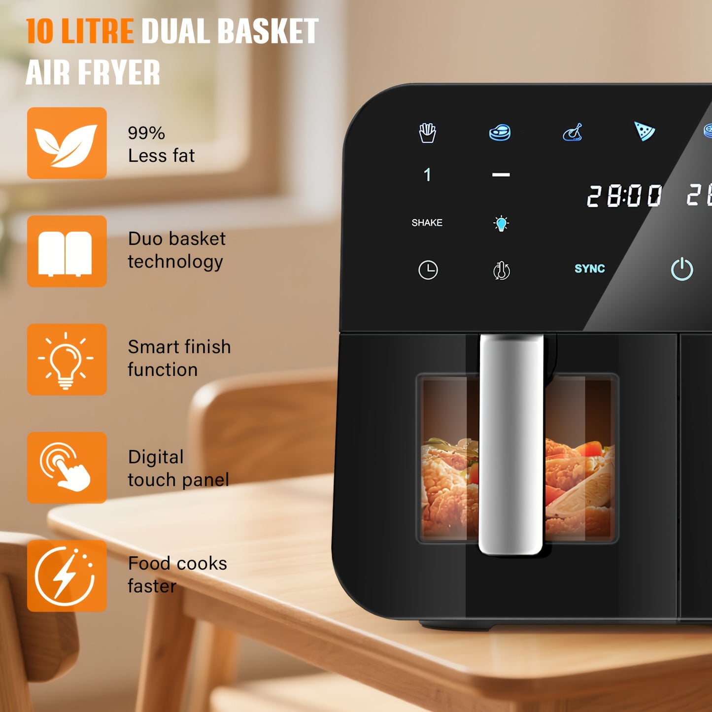 Airfryer – Heteluchtfriteuse – Gezond Frituren – Digitale Oven – Dubbele Mandjes – 10L Capaciteit – 2x 5L Mandjes – Touchscreen Met Verlichte Kijkvensters – Anti-aanbak Vaatwasserbestendig – Zwart