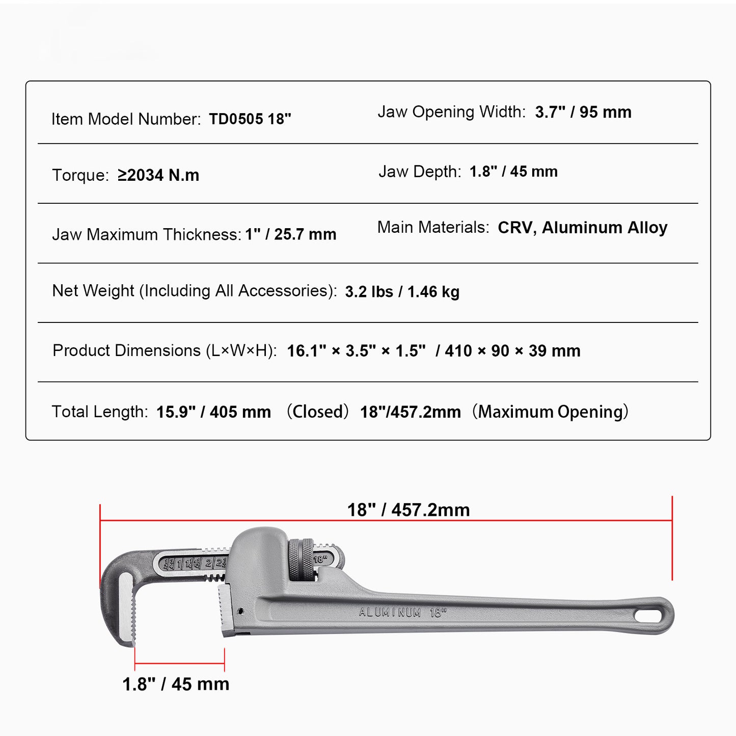 Pijptang – Verstelbare Wrench – Leidingtang – Moersleutel – Sanitairtang – 18 Inch Aluminium – Duurzame Chroom-Vanadium Bek – Ergonomisch H-Vormig Handvat