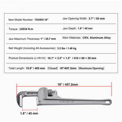 Pijptang – Verstelbare Wrench – Leidingtang – Moersleutel – Sanitairtang – 18 Inch Aluminium – Duurzame Chroom-Vanadium Bek – Ergonomisch H-Vormig Handvat