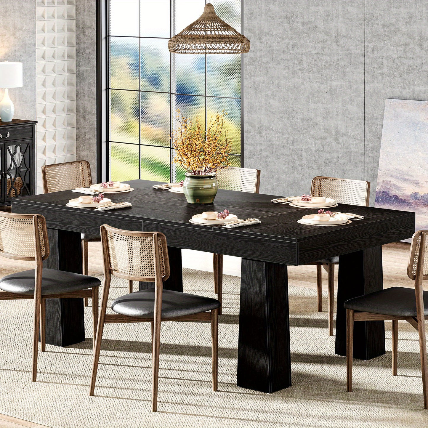 Modern Industrieel Eettafel – Keukentafel – Eettafel Rechthoekig – Tafel Met Poten – Grote Eettafel – 63 Inch – Stabiele Constructie Van Hout – Zwart Met Natuurlijke Houtnerf