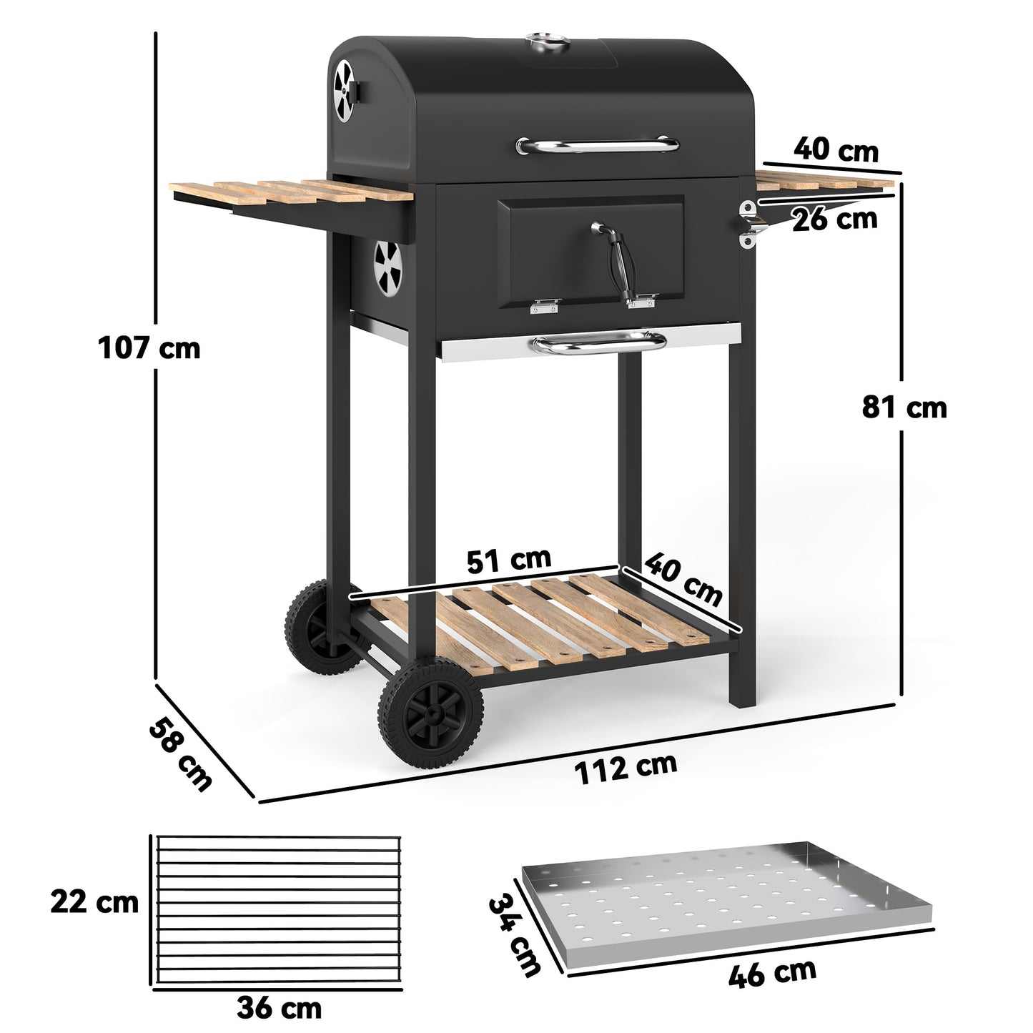 Houtskoolbarbecue – BBQ – Barbecue – Smoker – Grill – Verstelbaar Kolenrooster – Ingebouwd Thermometer – Compact Met Wielen – Met Deksel