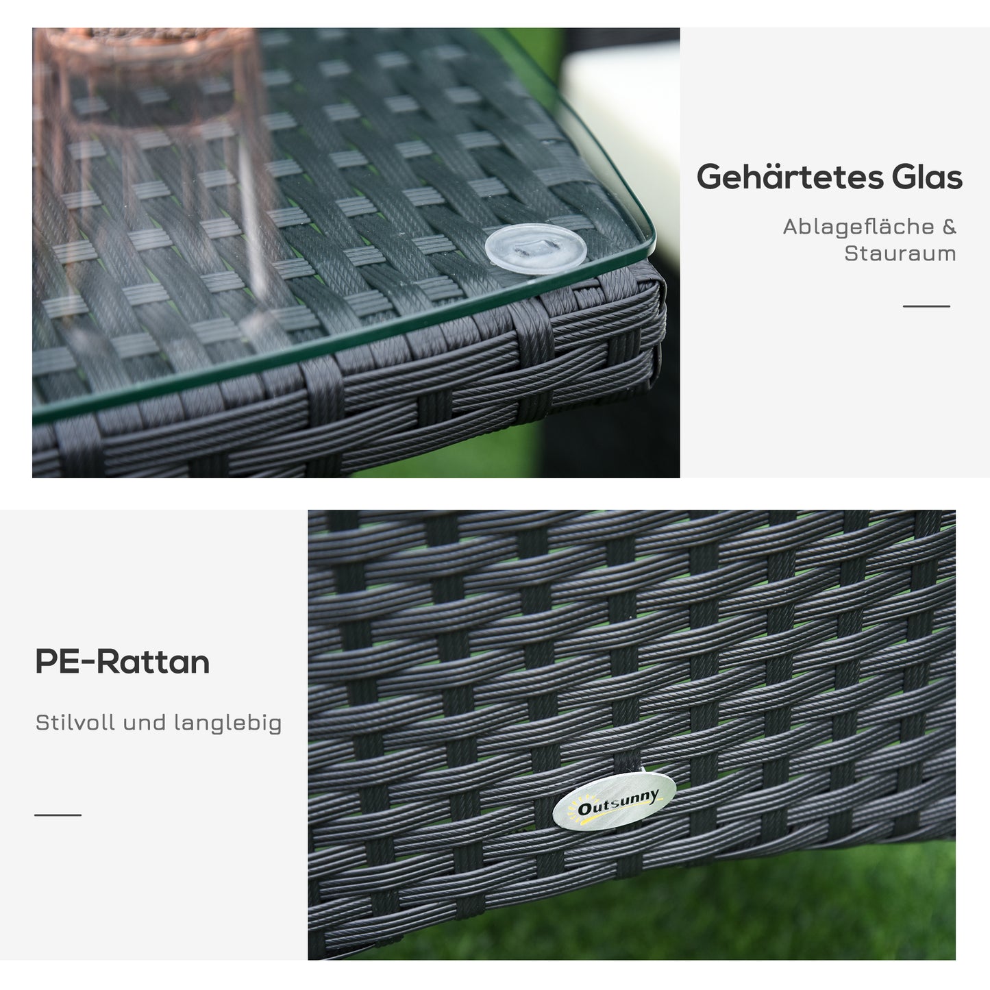 Rattan Tuinmeubelset – Bistroset – Balkonset – Tuinstoelen – Tuinmeubilair – Grijs – Poly Rattan & Stalen Frame – Glas Tafelblad met Kussens