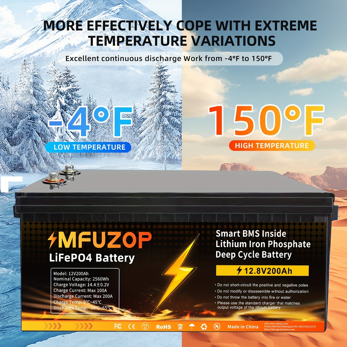 12V LiFePO4 Batterijset – Lithium-ijzerfosfaat Accu – Deep Cycle Accu – RV Batterij – Zonne-energie Batterij – 200Ah Capaciteit – 200A BMS Beveiliging