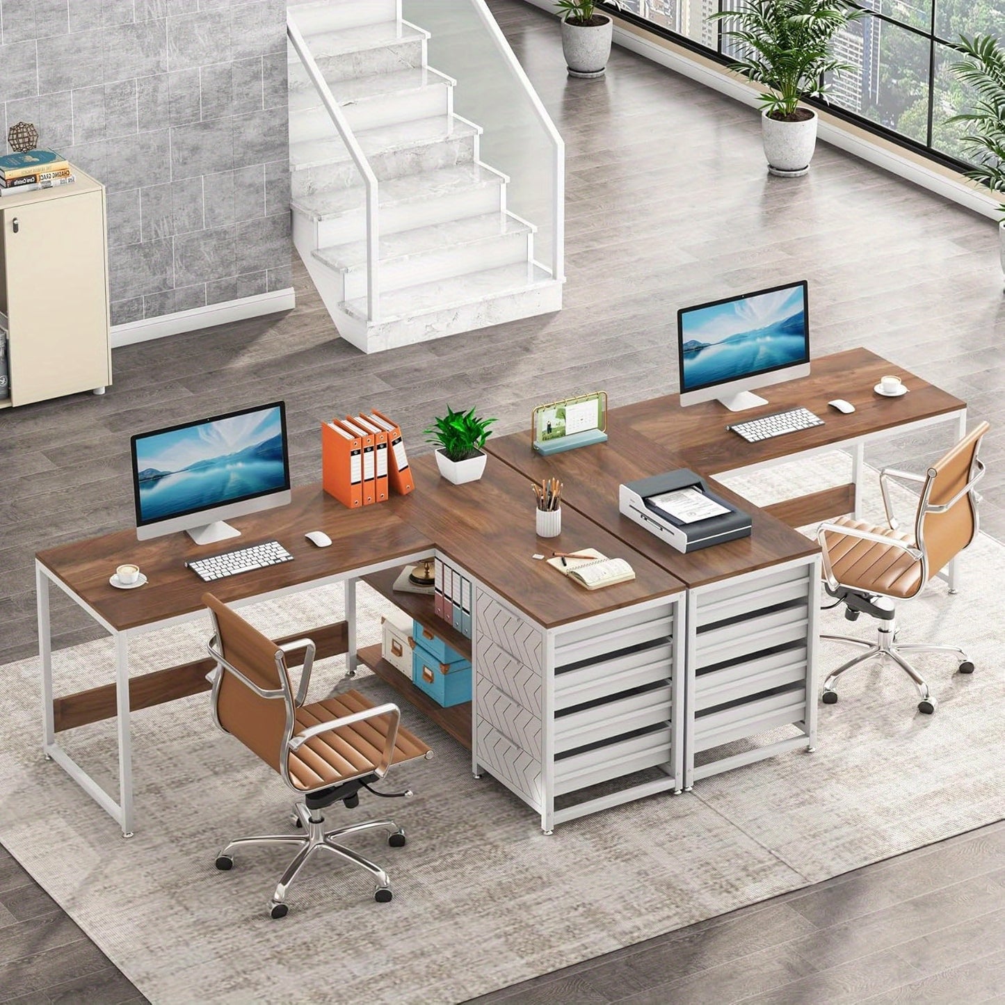 L-vormig bureau – hoekbureau – computerbureau – werkplek bureau – studeerbureau – met 4 ruime lades – stabiele metalen frame – walnoot & wit