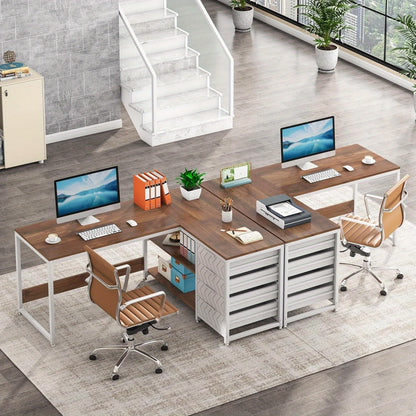 L-vormig bureau – hoekbureau – computerbureau – werkplek bureau – studeerbureau – met 4 ruime lades – stabiele metalen frame – walnoot & wit