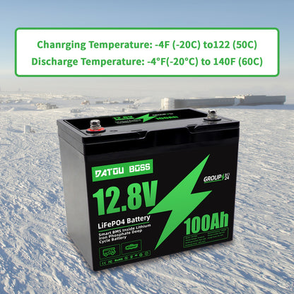 DATOUBOSS 12.8V 100Ah LiFePO4 Battery with Smart BMS (100A) - 4000+ Cycles, 10-Year Lifespan, Low-Temp Proof Lithium Battery for RV, Solar, Boat, Off-Grid - Compatible with 24-Group Systems, 1/3 Weight & 5120Wh Scalable (for,