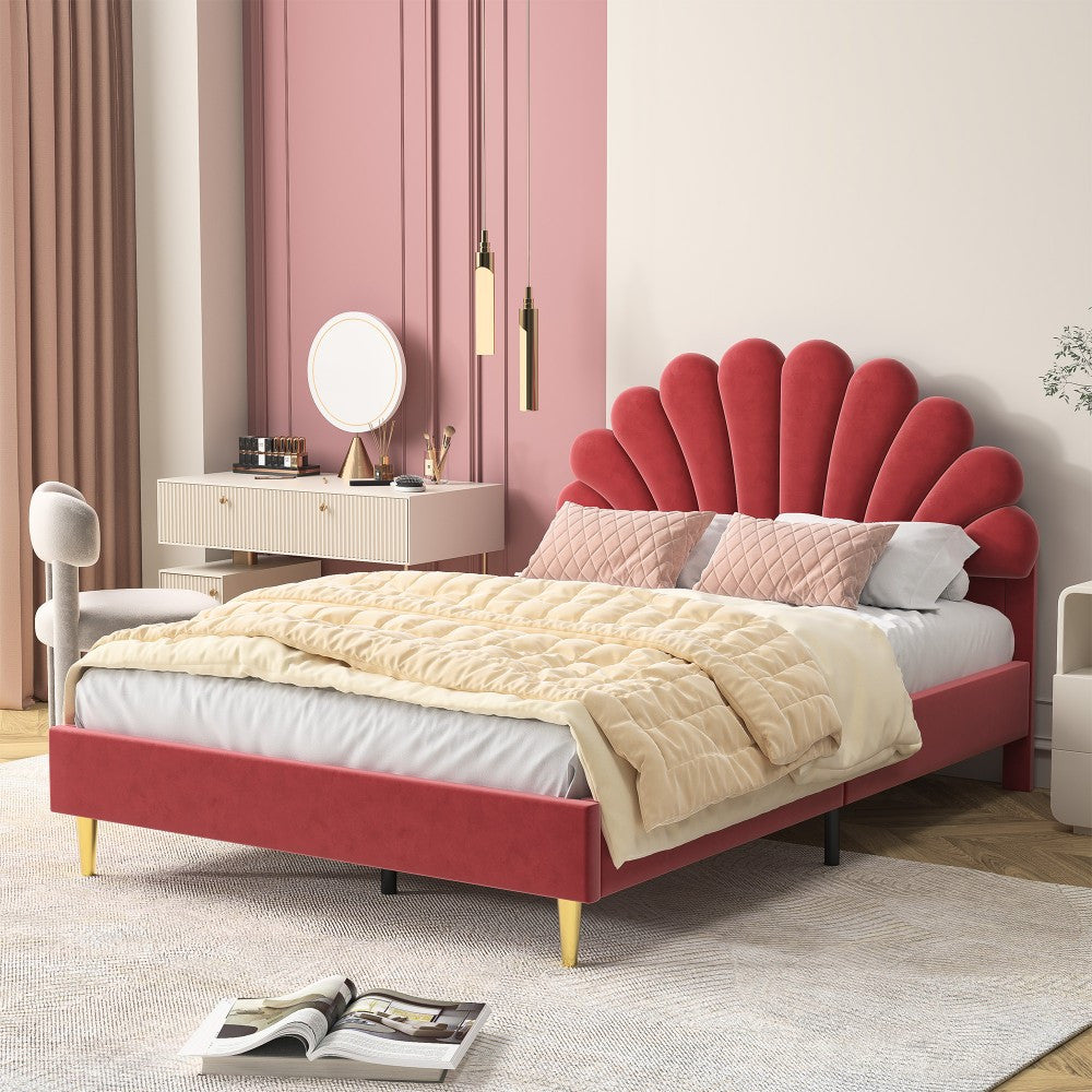 Tweepersoonsbed – Bedframe – Bed – Slaapbed – Lattenbodem – Fluwelen Bekleding – 140x200 cm – Gepolsterd Hoofdbord – Stabiel Houten Frame