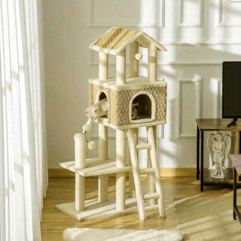 Krabpaal – Kattenboom – Kattenhuis – Kattenklimtoren – Kattenmeubel – 130 cm Hoog – Stevig Spaanplaat – Ruimtebesparend Ontwerp – Beige/Kaki