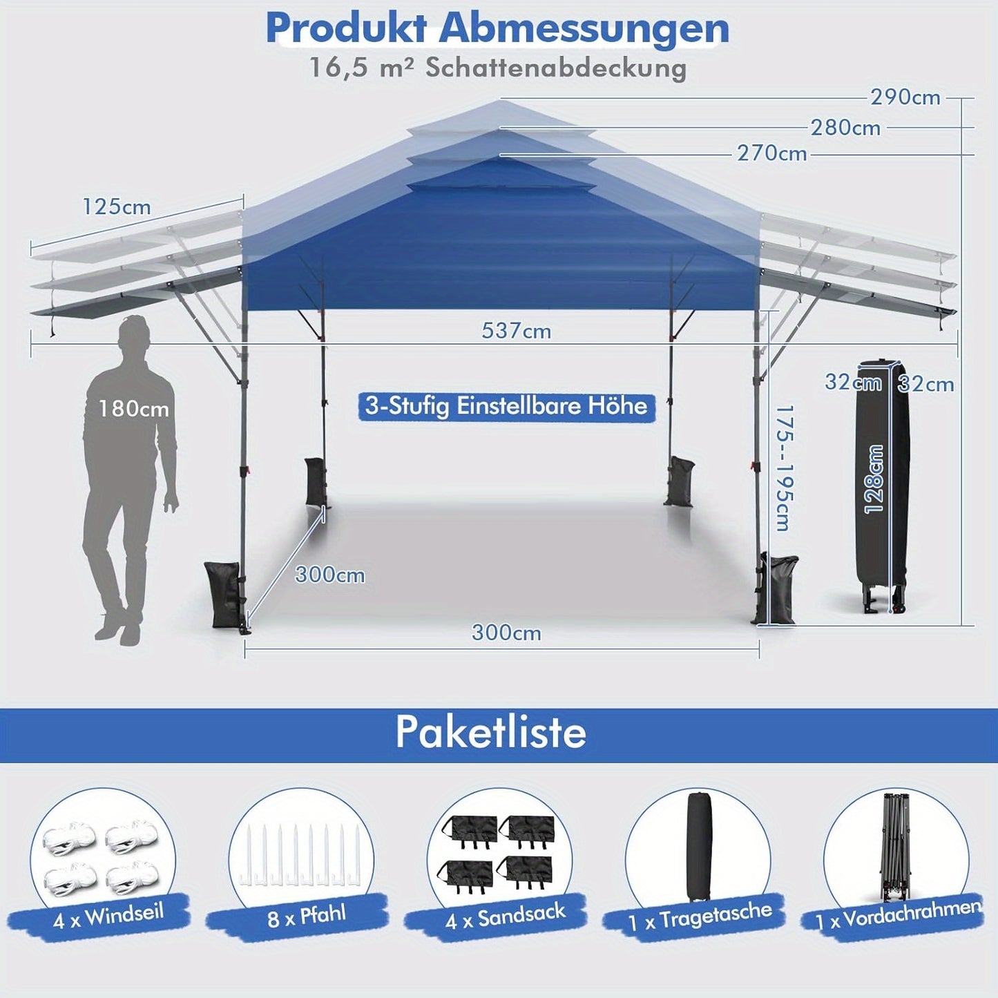 Instant Pop-Up Canopy Tent – Vouwtent – Partytent – Zonnescherm – Gazebo – Met Dubbele Zijluifels – Verstelbare Hoogte – Inclusief Roller Bag – Blauw