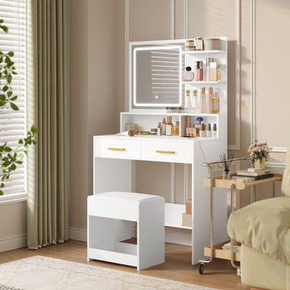 Make-up Tafel – Kaptafel – Vanity Desk – Dressoir – Kleedtafel – Met Instelbare LED Verlichting – 2 AC Stopcontacten + 2 USB Poorten – Inclusief Zachte Kruk – Wit