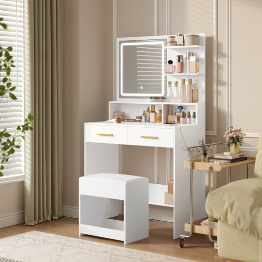 Make-up Tafel – Kaptafel – Vanity Desk – Dressoir – Kleedtafel – Met Instelbare LED Verlichting – 2 AC Stopcontacten + 2 USB Poorten – Inclusief Zachte Kruk – Wit