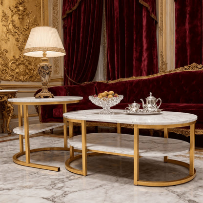 Salontafelset – Bijzettafel – Woonkamertafel – Sofa Tafel – Opbergtafel – Rond en Ovaal – Met Opbergruimte – Met Metalen Frame en Marmerlook Blad