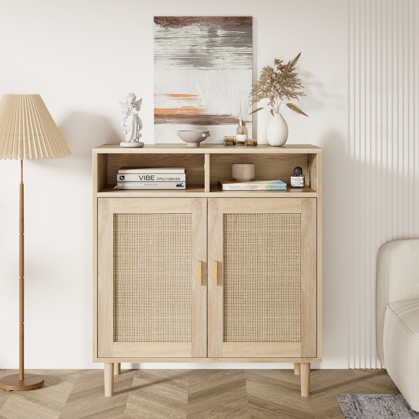 Dressoir – Buffetkast – Kast – Opbergkast – Wandkast – Natuurlijke Eiken Finish – Stevige MDF Constructie – 91 cm Hoog – Open Planken Met 2 Deuren