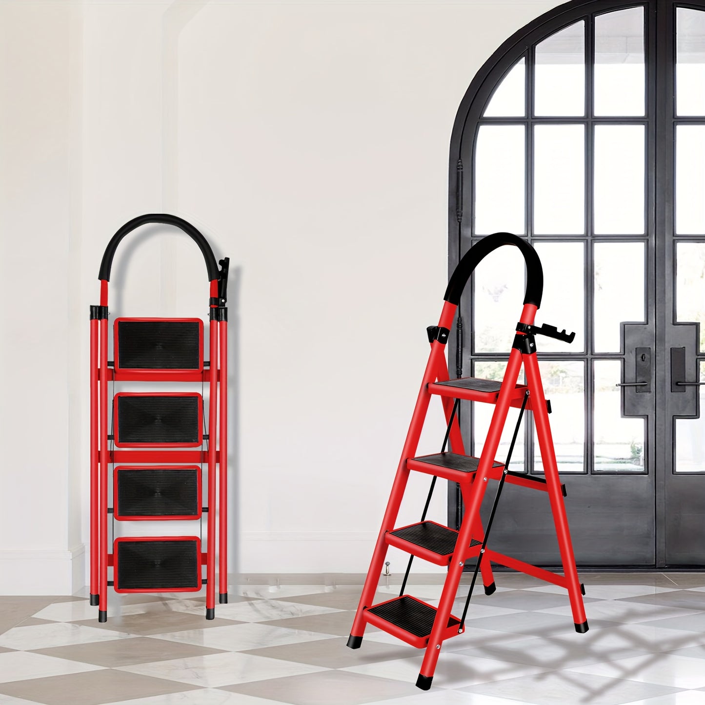 Vouwtrap – Trapladder – Opstapkruk – Vouwladder – Stalen Huishoudtrap – 4 Treden – Antislip Treden – Inklapbaar Met Gereedschap Plateau