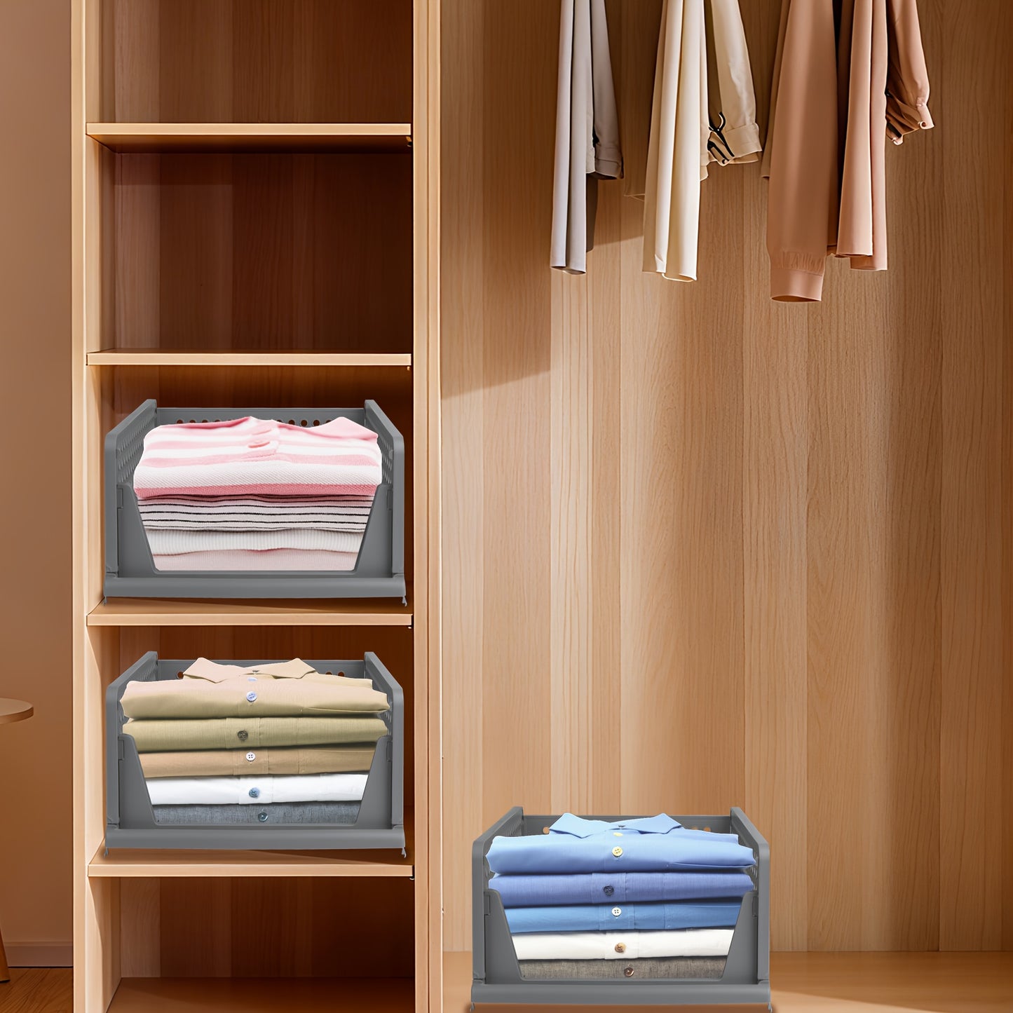 Opbergmanden – Opbergboxen – Opbergbakken – Kastmanden – Stapelbare Mand – Stevig Kunststof – Inklapbaar 18 cm Hoog – Set Van 3