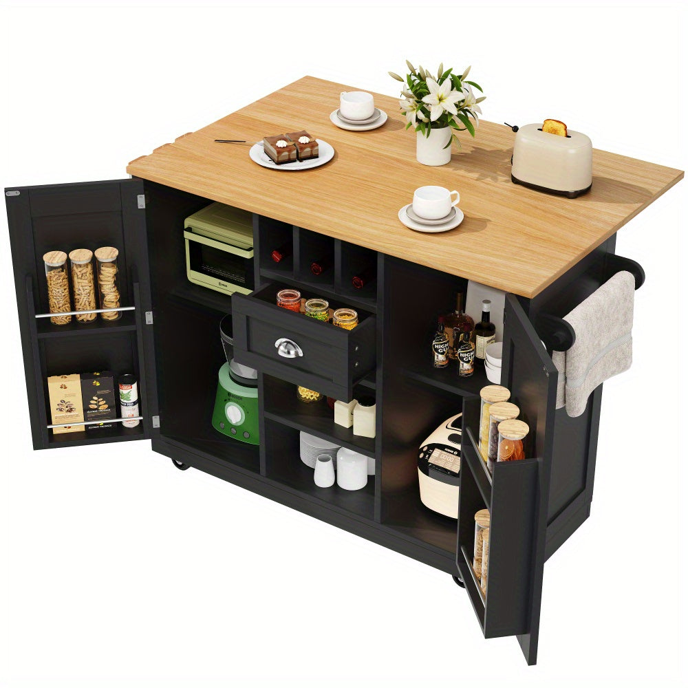 Kitchen Island – Sideboard – Buffetwagen – Keukentrolley – Serveerwagen – Zwart – Met Wijnrek – 4 Zwenkwieltjes