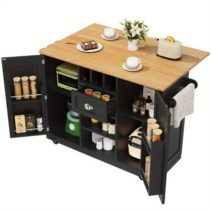 Kitchen Island – Sideboard – Buffetwagen – Keukentrolley – Serveerwagen – Zwart – Met Wijnrek – 4 Zwenkwieltjes