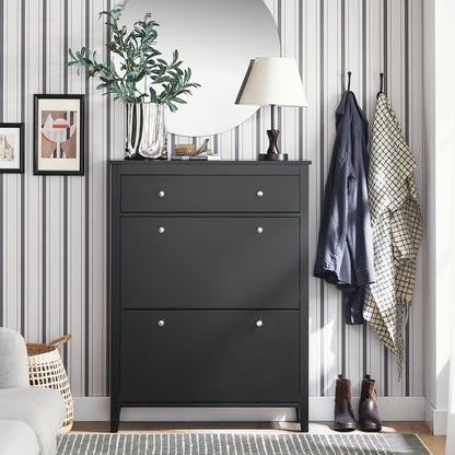 Schoenenkast – Schoenenrek – Schoenenkast – Schoenopberger – Schoenentoren – 2 Kleppen – Ingebouwde Lade – MDF – Slank Ontwerp 80x108x25 cm – Vloerbeschermers – Stijlvolle Metalen Handgrepen