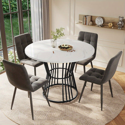 Ronde Eettafel – Eettafel Rond – Keukentafel – Ontbijttafel – Tafel Metaal – Marmerlook Zwart-Wit – Krasbestendig MDF Blad – Stevig Metalen Frame – Compact & Ruimtebesparend – Modern Design Voor 4 Personen