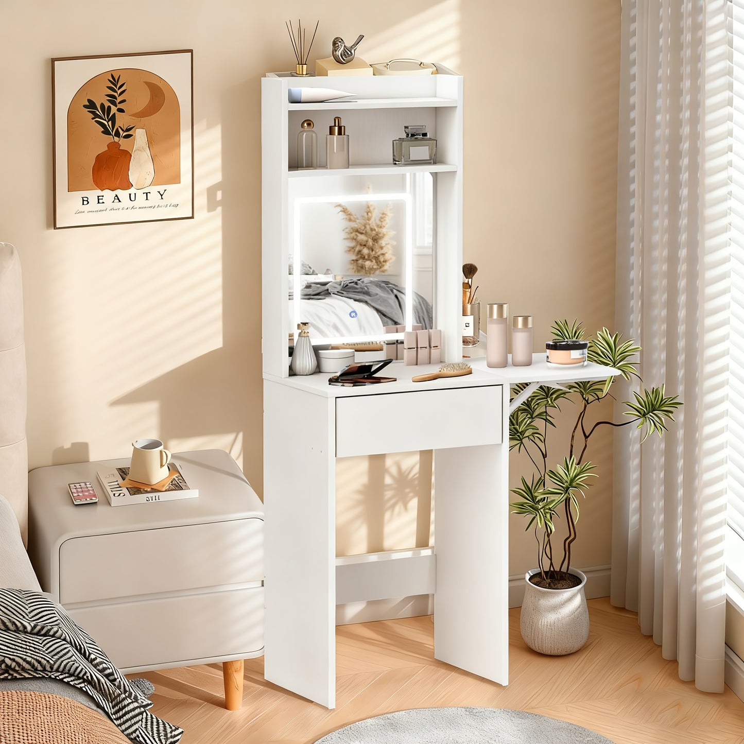 Compact Vanity Table with Large Mirror and Fold-down Tabletop | Hardwood, White, Includes Drawer and Open Desk Organizer, Ideal for Makeup, Gifts for Women, Christmas and Birthday Presents