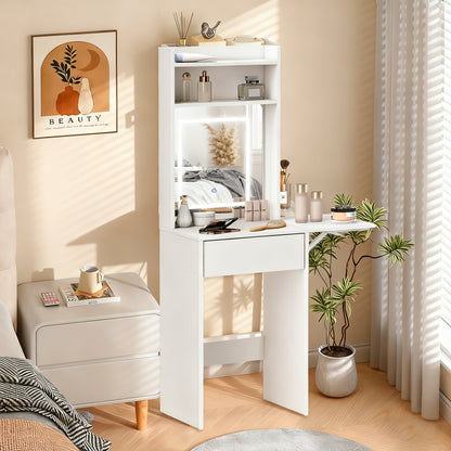 Compact Vanity Table with Large Mirror and Fold-down Tabletop | Hardwood, White, Includes Drawer and Open Desk Organizer, Ideal for Makeup, Gifts for Women, Christmas and Birthday Presents