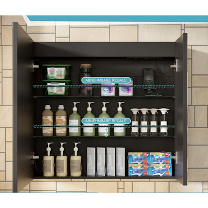 Badkamerspiegel – Spiegelkast – Wandkast – Spiegelwandkast – Opbergkast – Wit glazen oppervlak – Roestvrijstalen frame – 75x70x13 cm – Wandmontage – Geen elektriciteit nodig