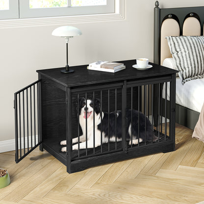 Houten Hondenbench – Hondenhok – Hondenkooi – Hondenbench Binnen – Hondenkennel – Zwarte Houten Bench – Dubbele Deuren – Verstevigd Slot