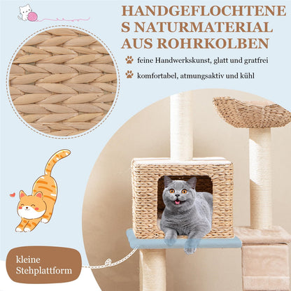Krabpaal – Kattenpaal – Klimpaal – Krabmeubel – Krabton – Multilevel Klim- en Speelpaal – Sisal Krabpalen – Handgeweven Rattan Met Kussen – Beige – 122 Cm Hoog
