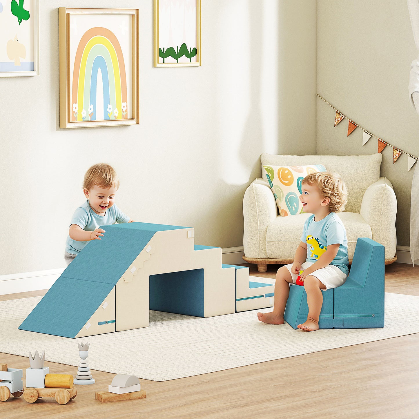 Zachte Bouwblokken – Speelblokken – Klimblokken – Stapelblokken – Speelset – Voor Kleuters Blauw – Veilig Kunstleer & Schuim – Licht & Opvouwbaar
