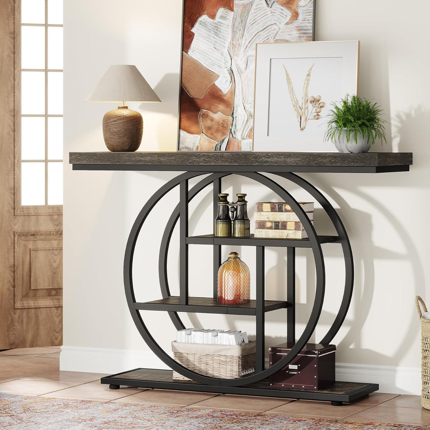 Consoletafel – Sidetable – Sofa Tafel – Haltafel – Accent Tafel – Industrieel Design – 41,3 Inch – Vier Ladeplanken – Hout Metaal – Charcoal Zwart