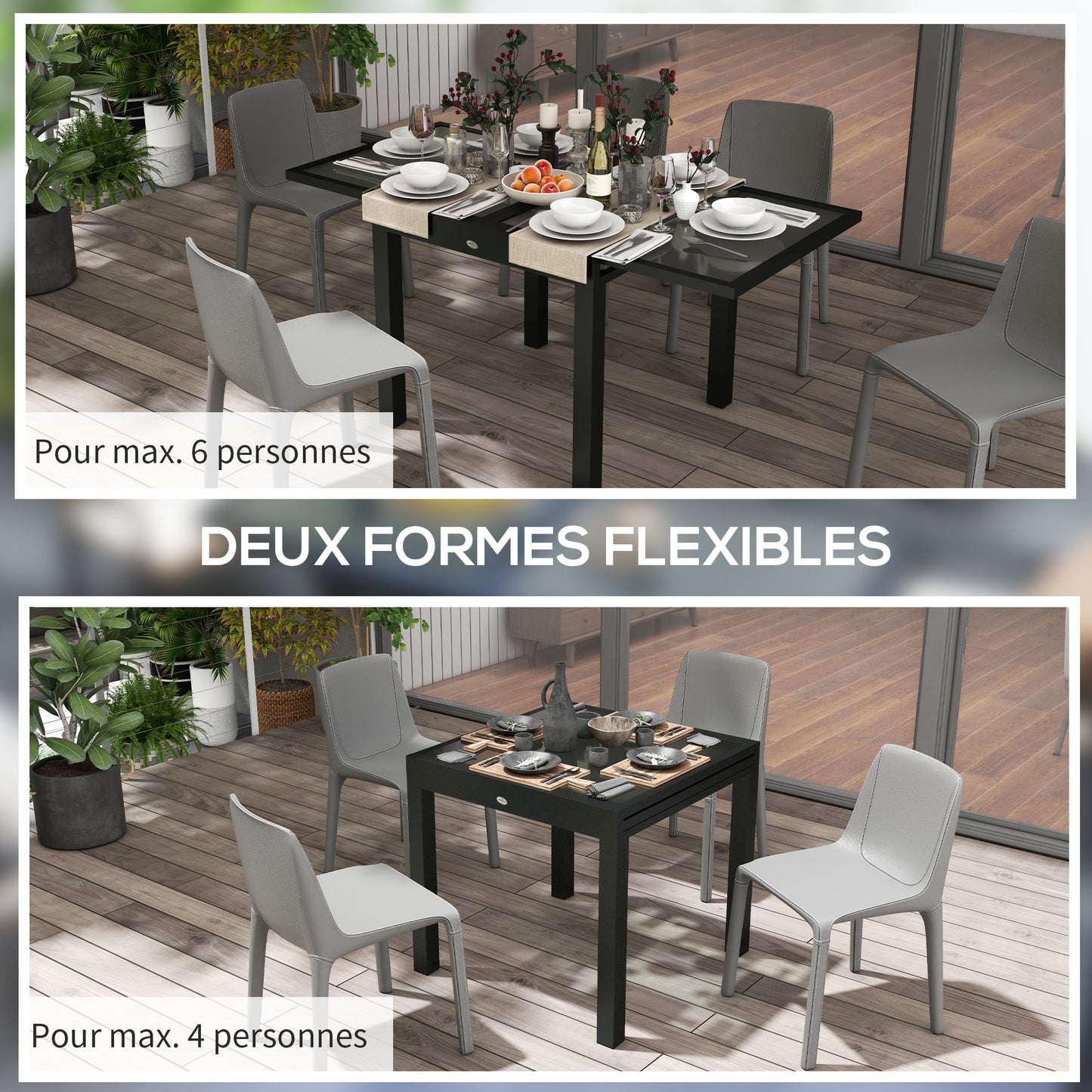 Uitbreidbare Tuin Tafel – Uitschuifbare Buiten Tafel – Terras Tafel – Eettafel – Verstelbare Tuinmeubel – Aluminium Metaal Epoxy Donkergrijs – Tempered Glass Zwart Blad – Groot Formaat 160x80x75 cm