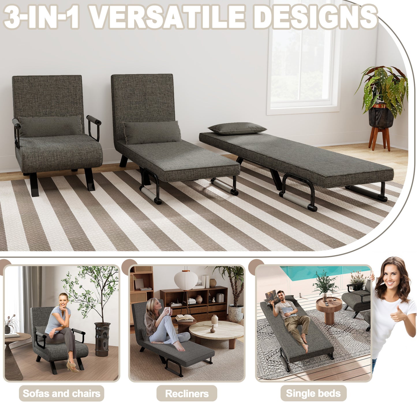 Slaapbank – Sofa Bed – Bedbank – Logeerbed – Slaapstoel – 3-in-1 Multifunctioneel – Verstelbare Rugleuning – Donkergrijs – Draagvermogen Tot 200 kg