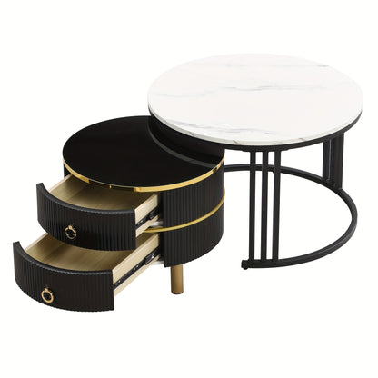 Modern Round Coffee Table Set with Glossy MDF Top & White Marble-like Surface - 2-in-1 Design with Storage Drawers, Space-Saving Living Room Furniture, Easy Assembly, Durable Metal Frame, Contemporary Style, Fits Small Spaces