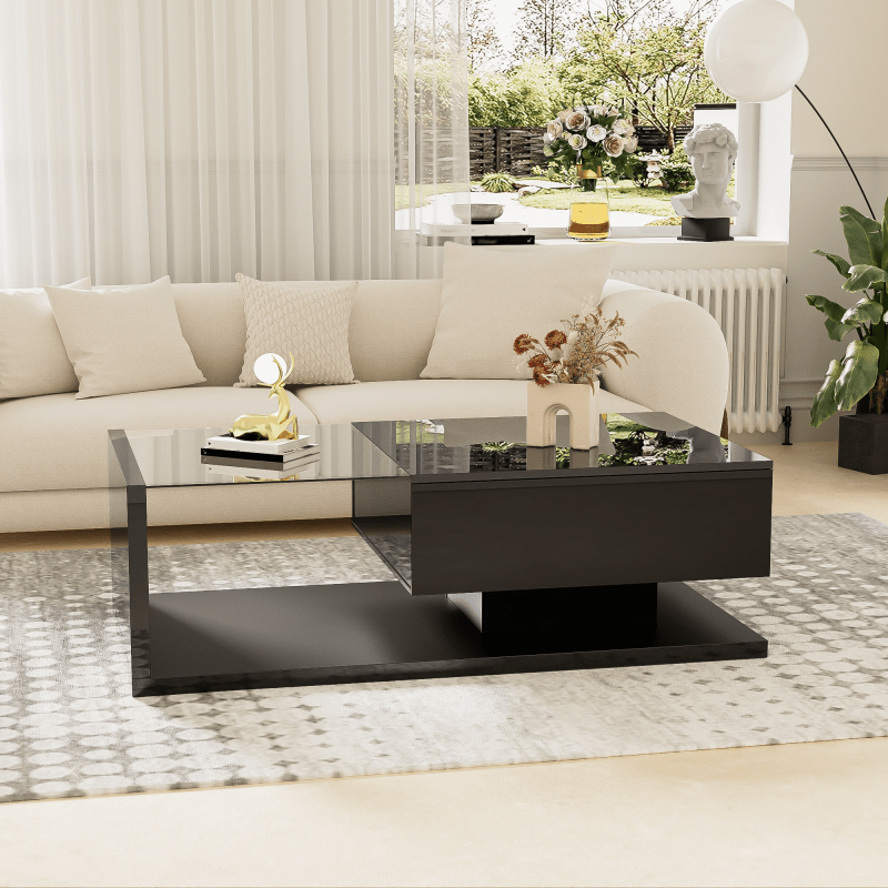 Coffee Table, High-Gloss Black. Side Tables, Coffee Tables with Glass And -Effect