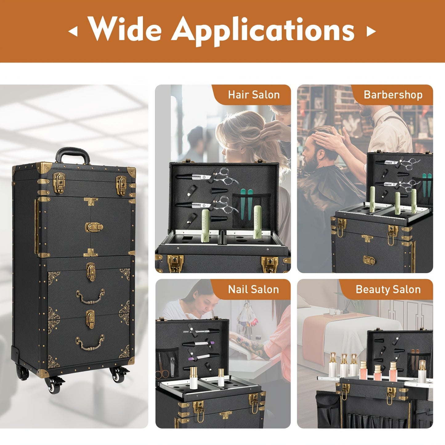 Rolling Makeup Train Case – Koffer, Organizer, Make-up Trolley, Beauty Koffer – Zwart – Met Slot, Haarföhnhouder – Stevig PU Materiaal, 3 Vaks Indeling