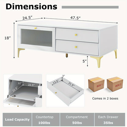 Tv meubel – TV kast – TV dressoir – TV stand – TV meubelen – Wit met gouden accenten – Met lade en gehard glas