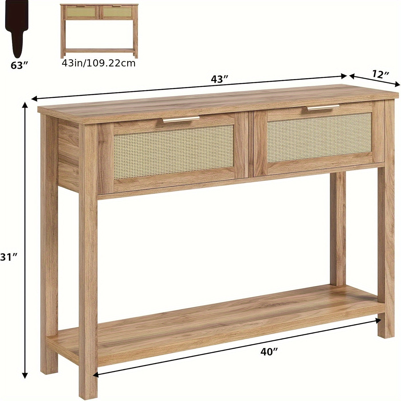 Boho Rustieke Sidetable – Haltafel – Wandtafel – Sofa Tafel – Console Tafel – 2 Lades & Opbergrek – Massief Hout & MDF – 109 cm Lang – 68 KG Draagkracht – Eenvoudige Montage